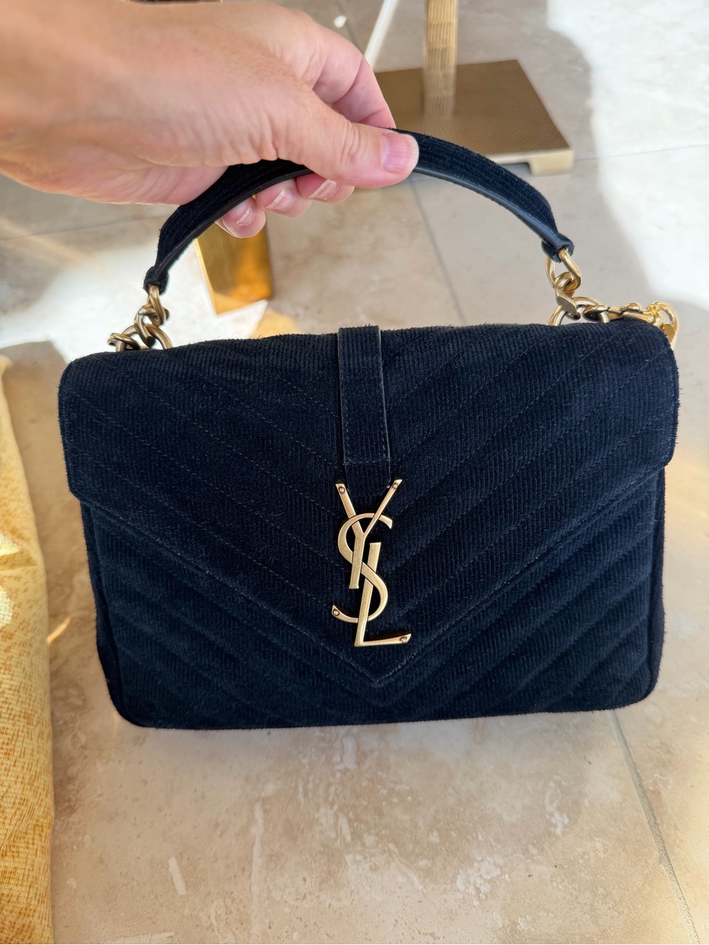 Saint Laurent “College Bag” in quilted corduroy, gold hardware.